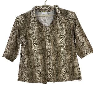 Susan Graver Blouse Plus 2X Brown Gold Shimmer Leopard Print 3/4 Sleeves Tunic